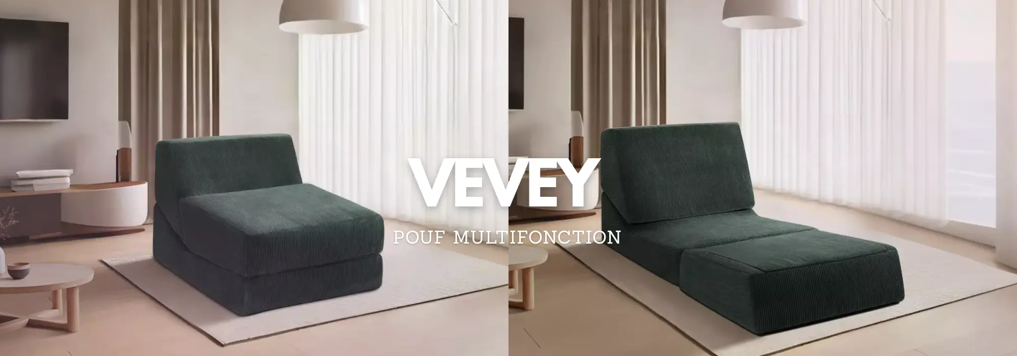 Pouf multifonction Vevey transformable en fauteuil pour un coin lecture.